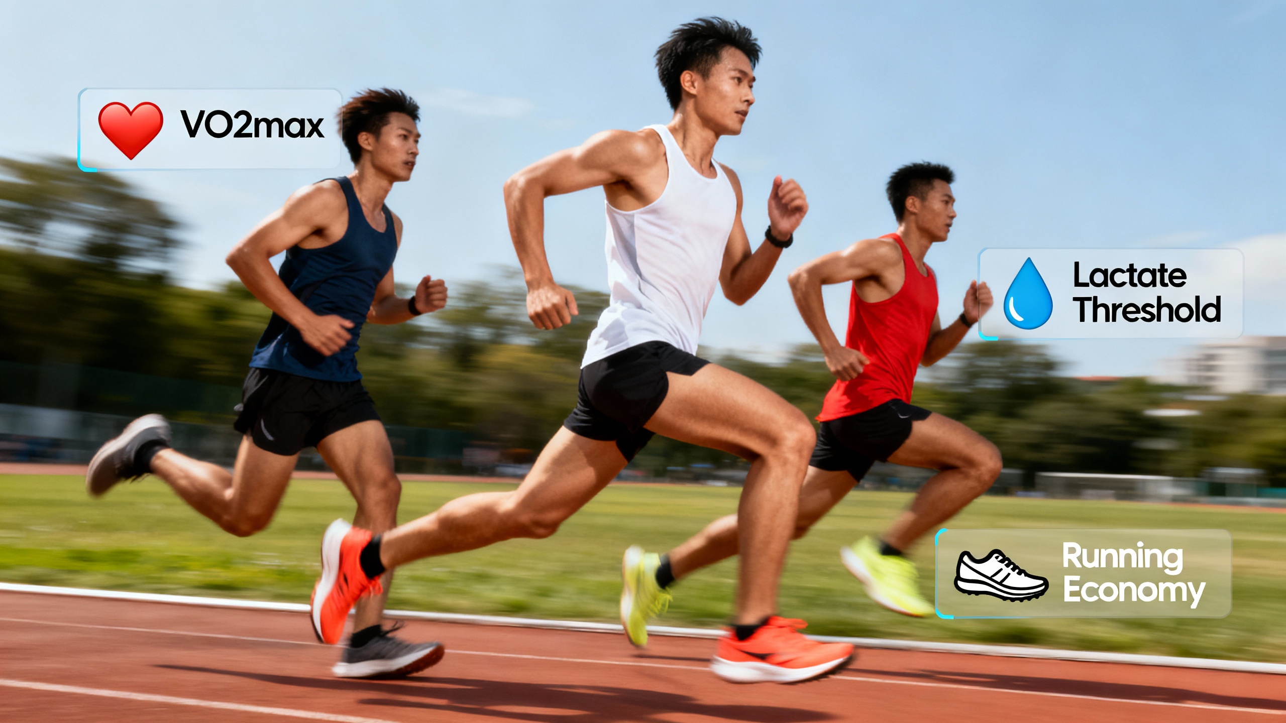 엘리트 러너들과 VO2max 젖산 역치 러닝 경제성의 세 가지 핵심 기둥을 보여주는 이미지