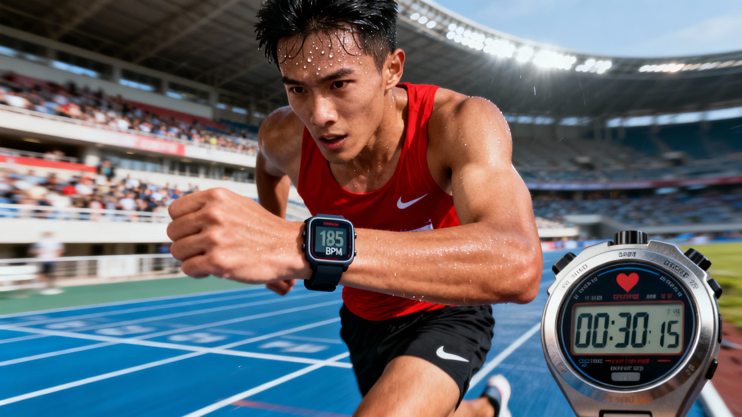 최대산소섭취량 향상을 위한 HIIT 트레이닝 중인 러너와 심박수 모니터