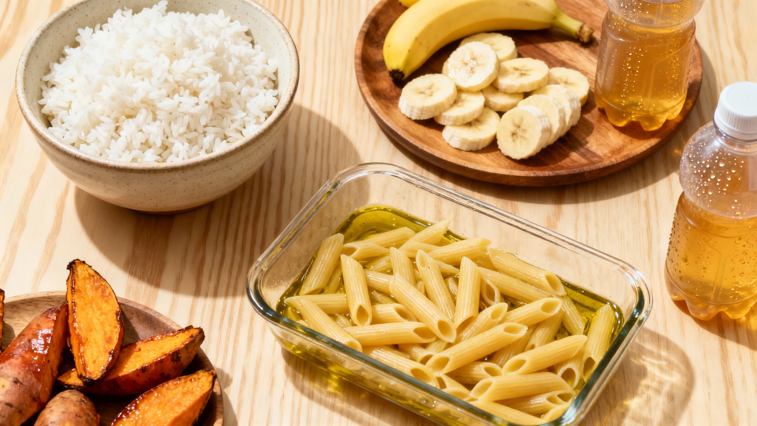 마라톤 탄수화물 로딩을 위한 흰쌀밥, 파스타, 바나나, 고구마, 스포츠 음료 등 식단 이미지